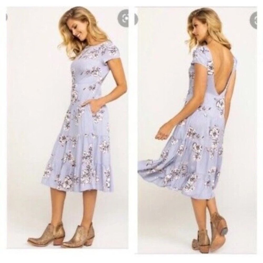 Free People Rita Tiered Midi Dress Vneck Back Short Sleeve XS Blue